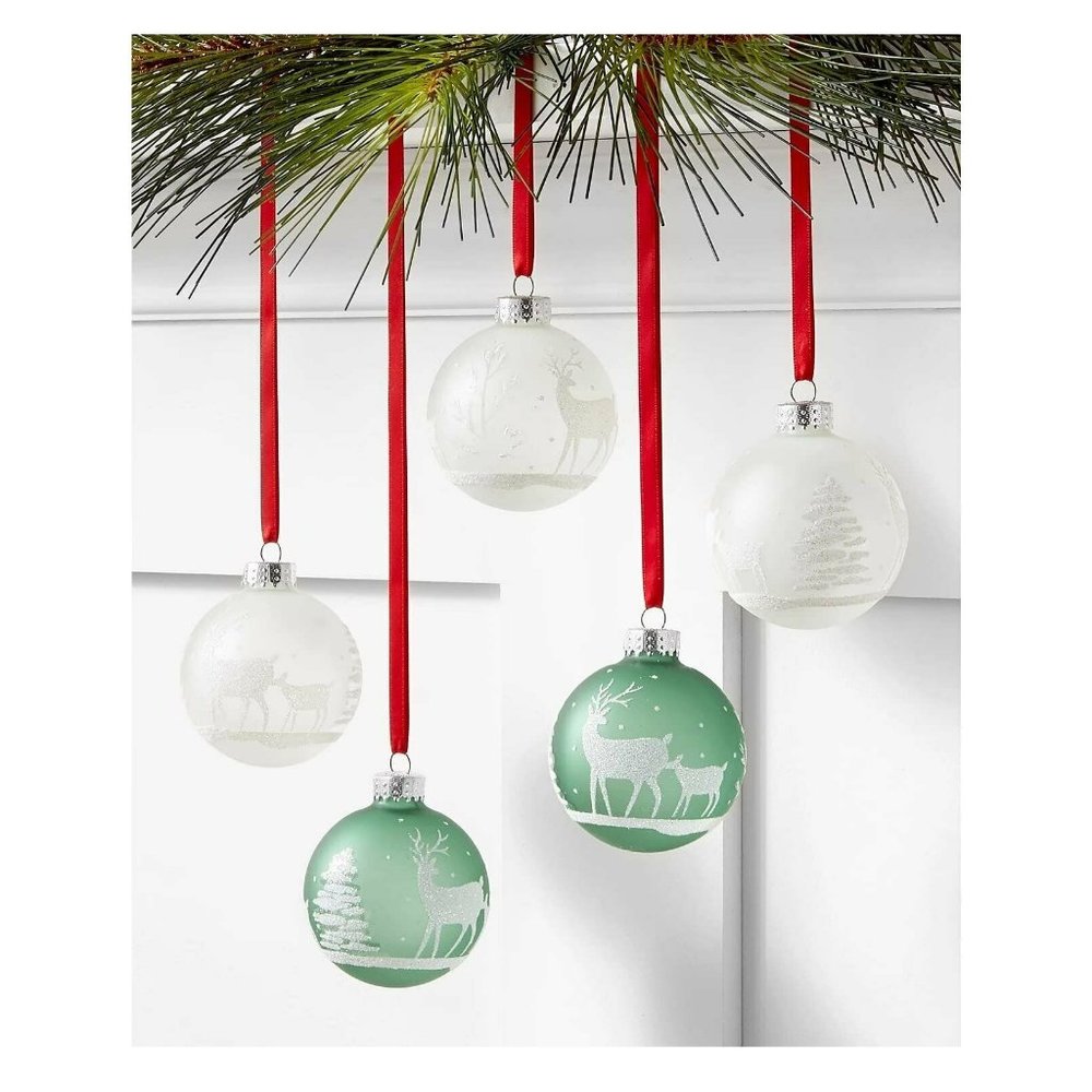 Holiday Lane The Holiday Collection Set of 5 Glass Glitter Reindeer Ornaments